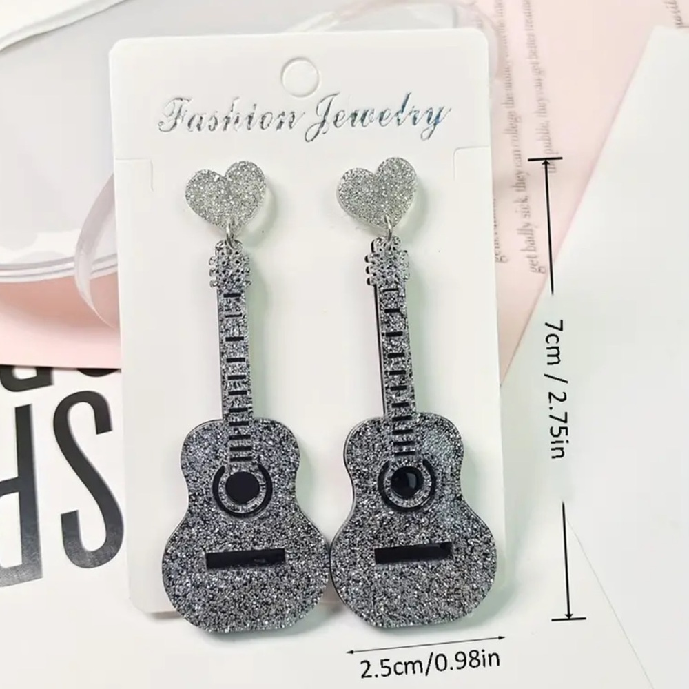 💛Silver Guitar Design Dangle Earrings Simple Classic Style Jewelry Music taylor